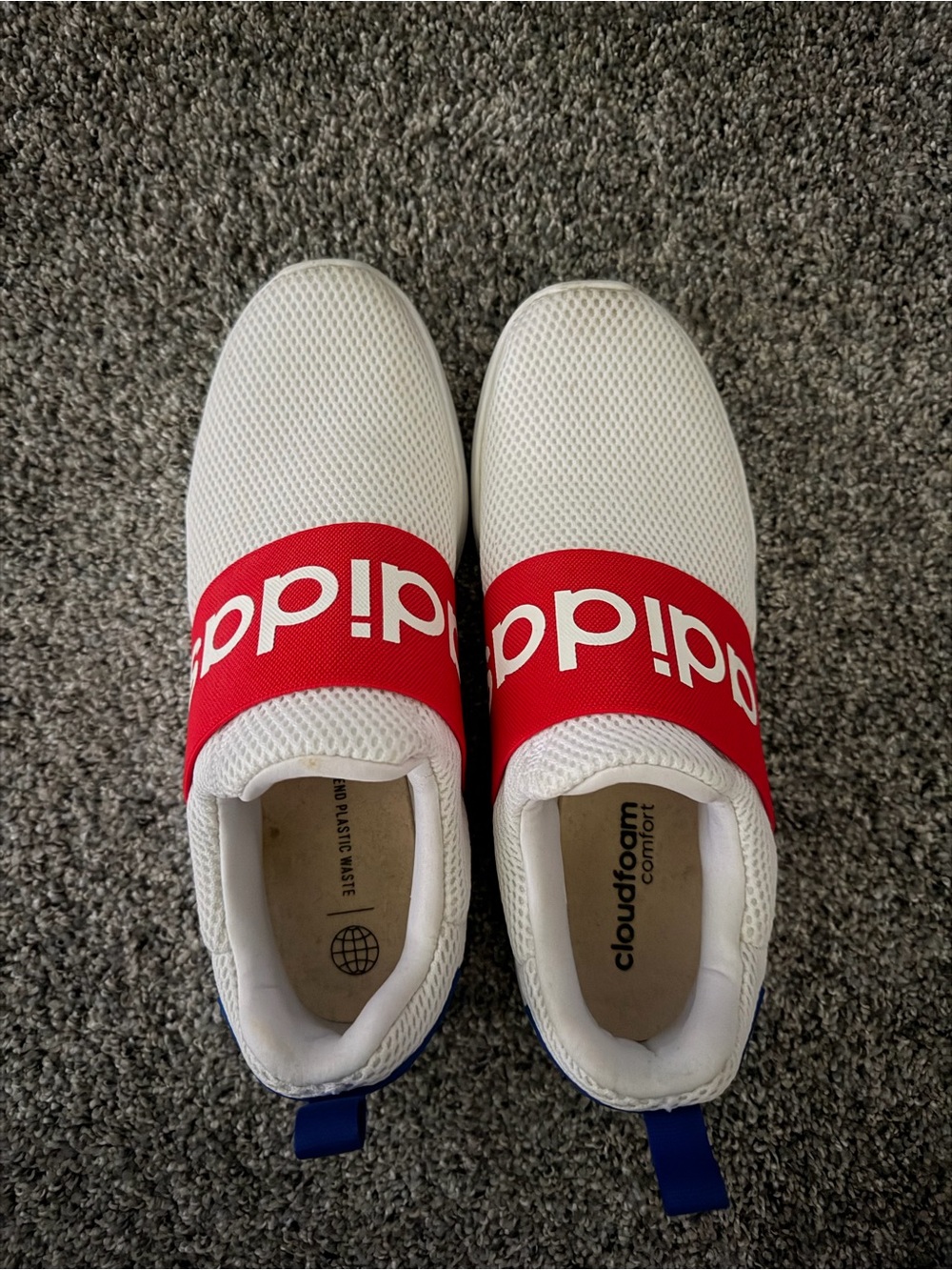 Adidas Men’s Cloudfoam Slip-On Sneakers in White, Red and Blue